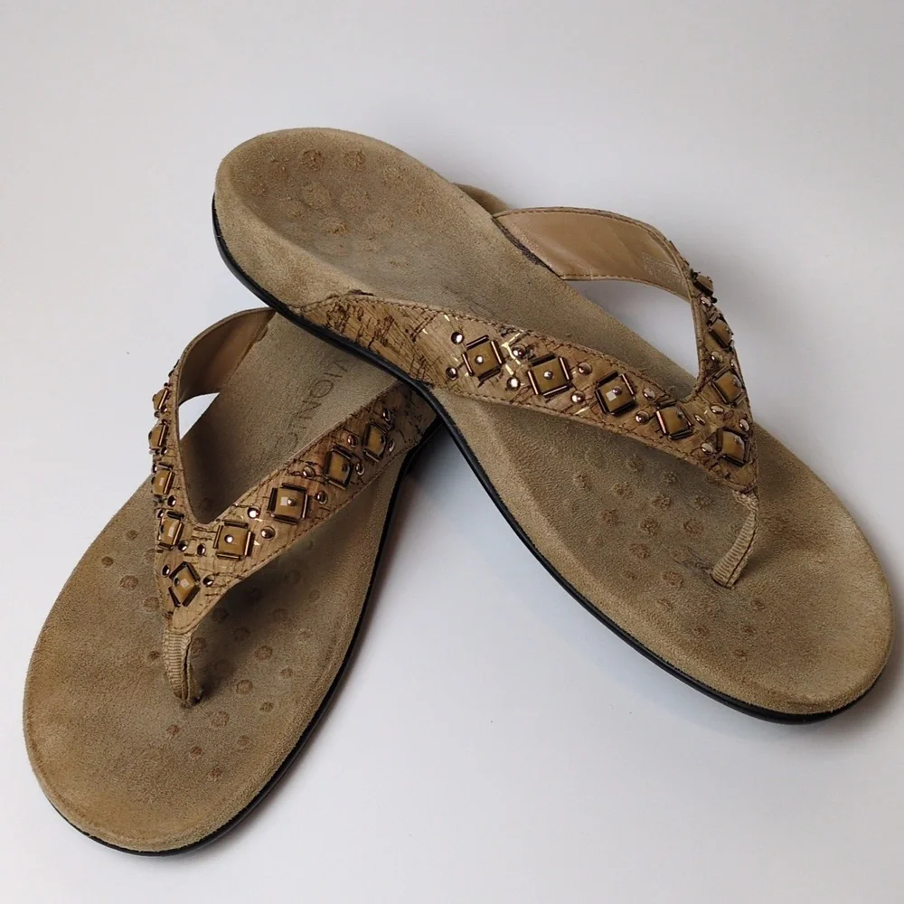 Vionic Floriana Tan Cork Embellished Suede Thong Flip Flop Sandals Women's 9